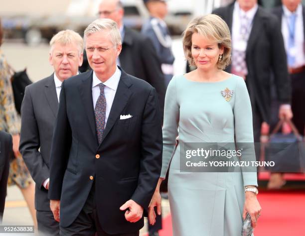 Belgian King Philippe and Queen Mathilde arrive at the Tokyo International Airport on October 10, 2016. Belgian royal couple are now in Japan on a...