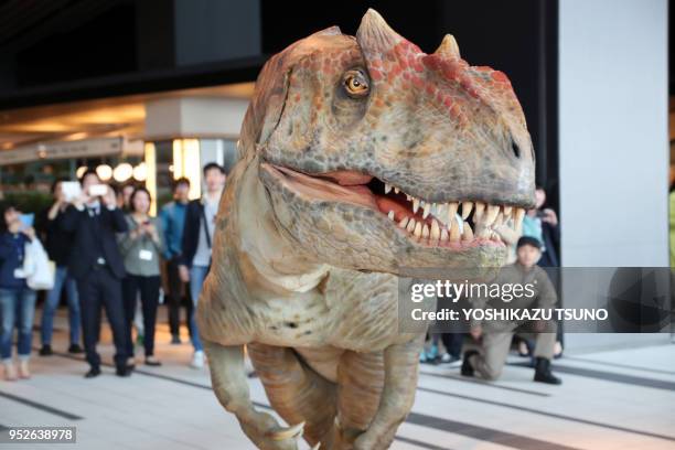 Pour la promotion du spectacle 'Dino Safari' un dinosaure de la famille des Allosaurus a été installé dans un hall d'entrée d'immeuble de bureaux le...