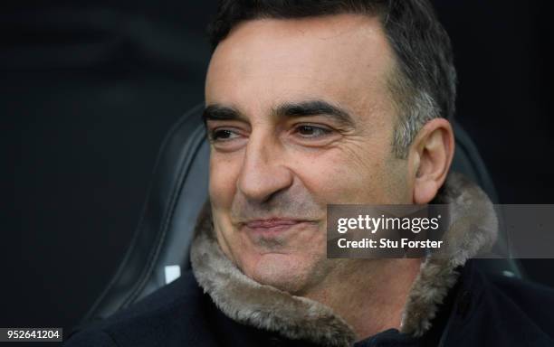 Swansea manager Carlos Carvalhal looks on before the Premier League match between Swansea City and Chelsea at Liberty Stadium on April 28, 2018 in...