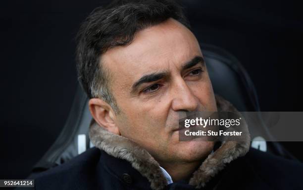 Swansea manager Carlos Carvalhal looks on before the Premier League match between Swansea City and Chelsea at Liberty Stadium on April 28, 2018 in...