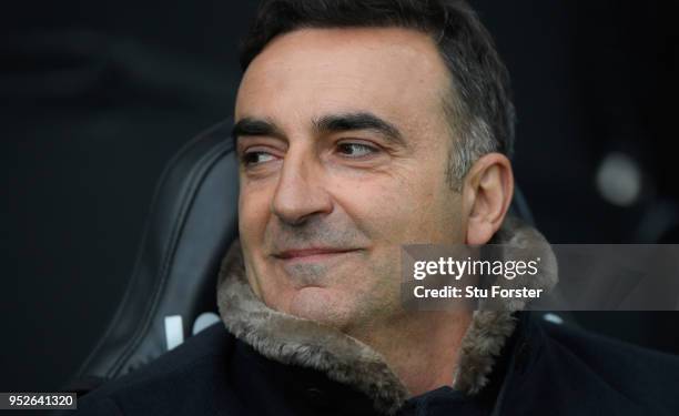 Swansea manager Carlos Carvalhal looks on before the Premier League match between Swansea City and Chelsea at Liberty Stadium on April 28, 2018 in...