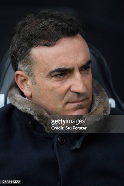 Swansea manager Carlos Carvalhal looks on before the Premier League match between Swansea City and Chelsea at Liberty Stadium on April 28, 2018 in...