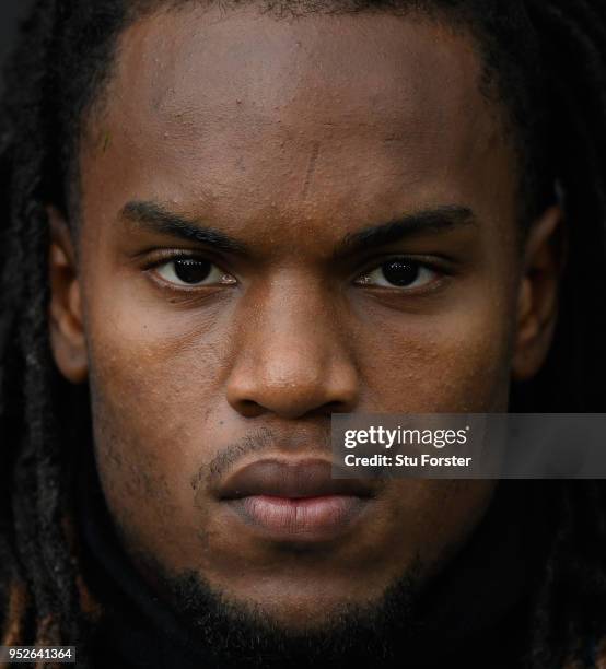 Swansea player Renato Sanches looks on before the Premier League match between Swansea City and Chelsea at Liberty Stadium on April 28, 2018 in...