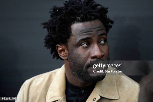 Swansea player Wilfried Bony looks on before the Premier League match between Swansea City and Chelsea at Liberty Stadium on April 28, 2018 in...