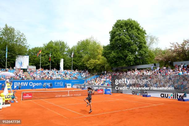 General view of the Centre Court during the qualification match between Dennis Novak of Austria and Dustin Brown of Germany on day 2 of the BMW Open...
