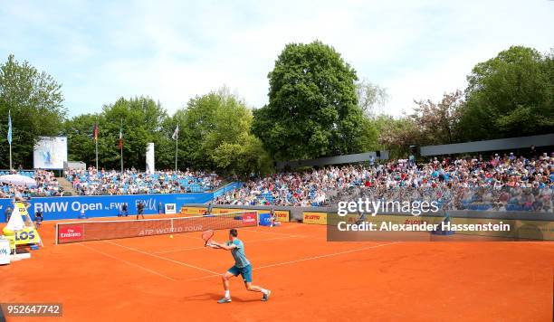 General view of the Centre Court during the qualification match between Dennis Novak of Austria and Dustin Brown of Germany on day 2 of the BMW Open...