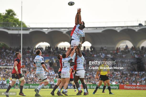 Bordeaux , France - 22 April 2018; Yannick Nyanga of Racing 92 contests a lineout with Billy Holland of Munster during the European Rugby Champions...