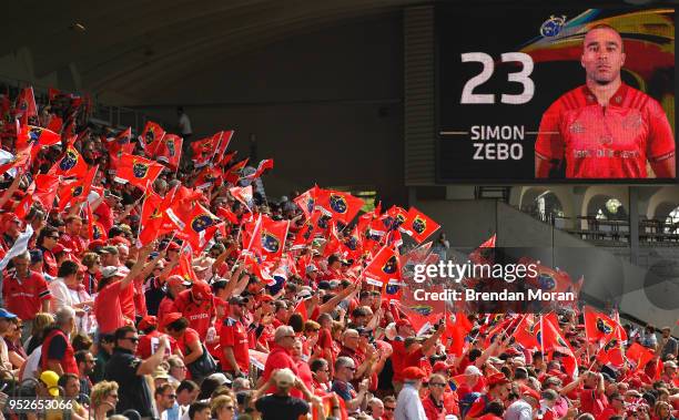 Bordeaux , France - 22 April 2018; Munster supporters cheer as the name of Simon Zebo of Munster is called out prior to the European Rugby Champions...