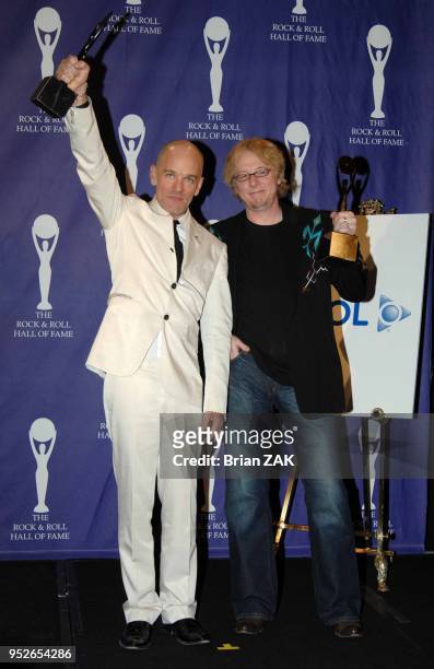 Michael Stipe and Mike Mills of R.E.M. In the press room at the 22nd annual Rock And Roll Hall of Fame Induction Ceremony held at the Waldorf Astoria...
