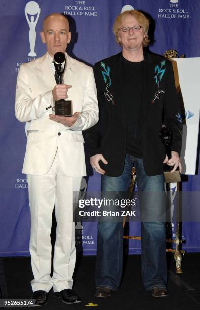 Michael Stipe and Mike Mills of R.E.M. In the press room at the 22nd annual Rock And Roll Hall of Fame Induction Ceremony held at the Waldorf Astoria...