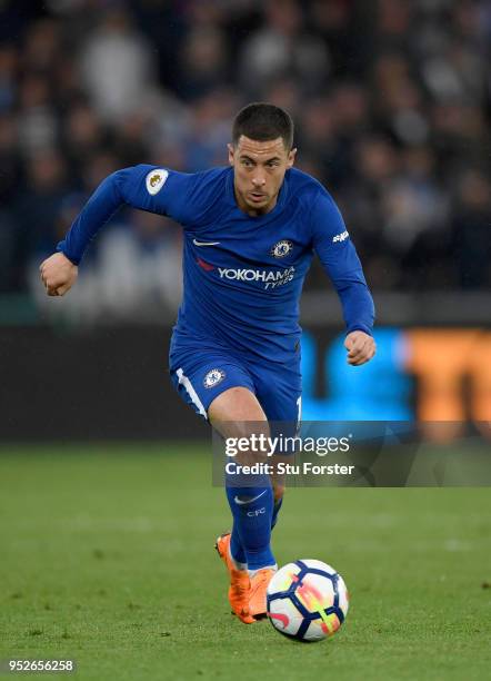 Chelsea player Eden Hazard in action during the Premier League match between Swansea City and Chelsea at Liberty Stadium on April 28, 2018 in...