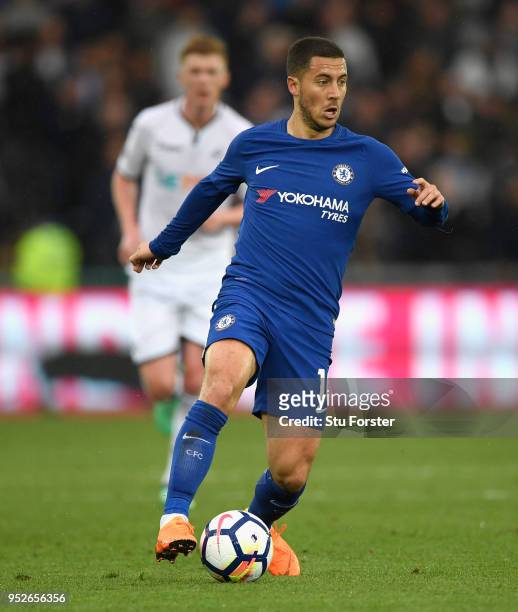 Chelsea player Eden Hazard in action during the Premier League match between Swansea City and Chelsea at Liberty Stadium on April 28, 2018 in...