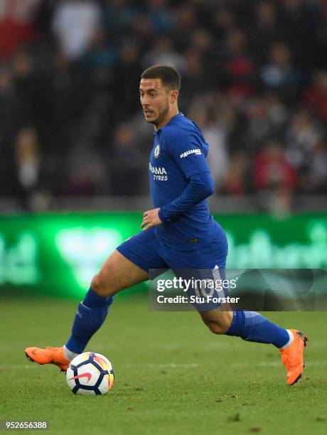 Chelsea player Eden Hazard in action during the Premier League match between Swansea City and Chelsea at Liberty Stadium on April 28, 2018 in...