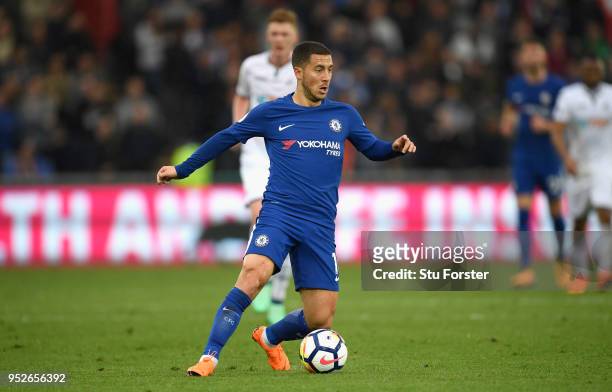 Chelsea player Eden Hazard in action during the Premier League match between Swansea City and Chelsea at Liberty Stadium on April 28, 2018 in...