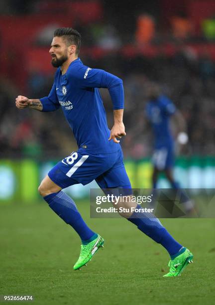 Chelsea player Olivier Giroud in action during the Premier League match between Swansea City and Chelsea at Liberty Stadium on April 28, 2018 in...