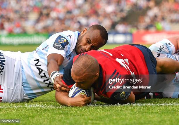 Bordeaux , France - 22 April 2018; Simon Zebo of Munster goes over to score his side's first try during the European Rugby Champions Cup semi-final...