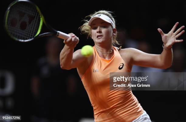 CoCo Vandeweghe of the United States plays a forehand during her singles final match against Karolina Pliskova of Czech Republic on day 7 of the...