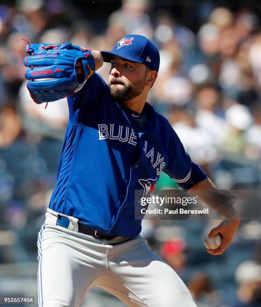 Pitcher Jaime Garcia of the Toronto Blue Jays pitches in an MLB baseball game against the New York Yankees on April 22, 2018 at Yankee Stadium in the...