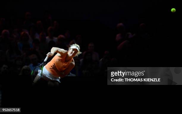 CoCo Vandeweghe from the US serves the ball to Karolina Pliskova from the Czech Republic during their final match at the WTA Tennis Grand Prix in...