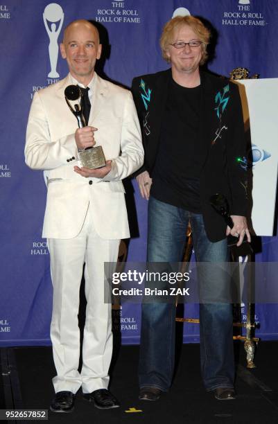 Michael Stipe and Mike Mills of R.E.M. In the press room at the 22nd annual Rock And Roll Hall of Fame Induction Ceremony held at the Waldorf Astoria...