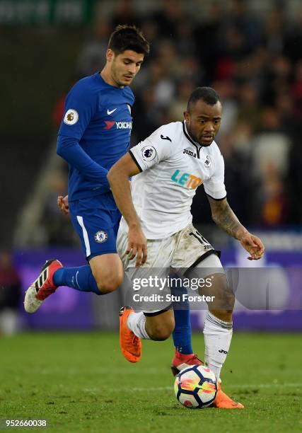 Swansea player Jordan Ayew in action during the Premier League match between Swansea City and Chelsea at Liberty Stadium on April 28, 2018 in...