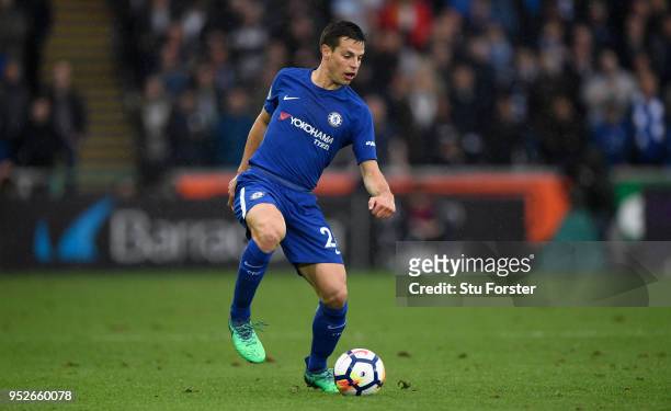 Chelsea player Cesar Azpilicueta in action during the Premier League match between Swansea City and Chelsea at Liberty Stadium on April 28, 2018 in...