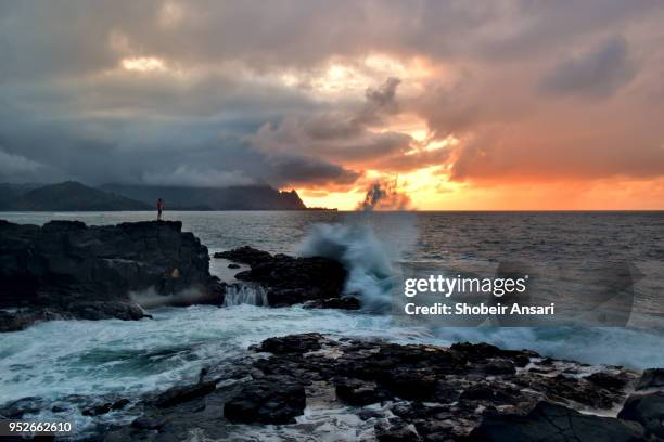 man looking at big wave splash, kauai, hawaii - princeville stock pictures, royalty-free photos & images