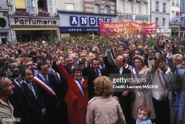 Michel Rocard lors d'un rassemblement de soutien à la démocratie à Dreux le 9 septembre 1983, France.
