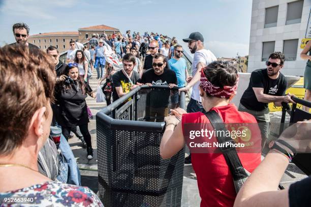 Protest took place on 29 April 2018 in Venice, Italy against the barriers that are limitating the access to the city in case of a heavy pedestrians...