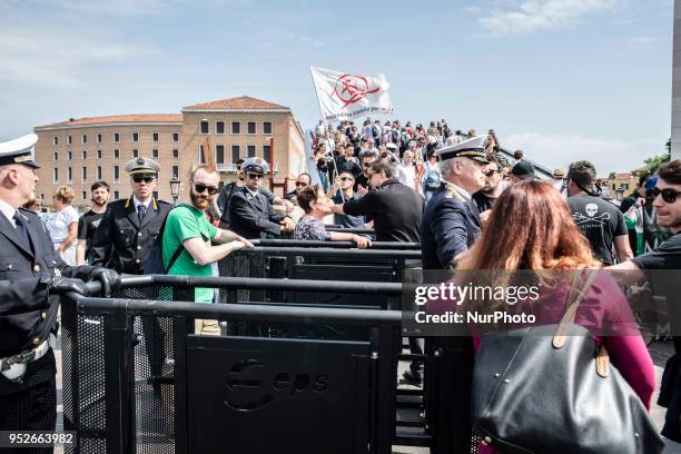 Protest took place on 29 April 2018 in Venice, Italy against the barriers that are limitating the access to the city in case of a heavy pedestrians...