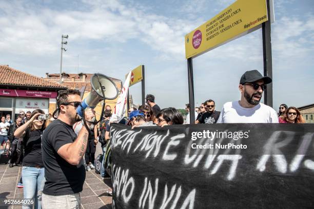 Protest took place on 29 April 2018 in Venice, Italy against the barriers that are limitating the access to the city in case of a heavy pedestrians...