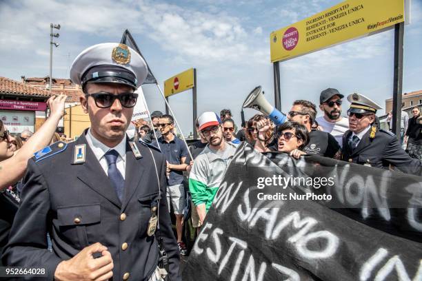 Protest took place on 29 April 2018 in Venice, Italy against the barriers that are limitating the access to the city in case of a heavy pedestrians...