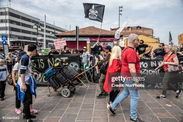 Protest took place on 29 April 2018 in Venice, Italy against the barriers that are limitating the access to the city in case of a heavy pedestrians...