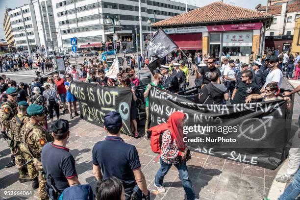 Protest took place on 29 April 2018 in Venice, Italy against the barriers that are limitating the access to the city in case of a heavy pedestrians...