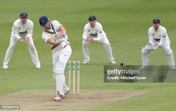 Ollie Rayner of Middlesex plays a shot during day three of the Specsavers County Championship Division Two match between Middlesex and Glamorgan at...