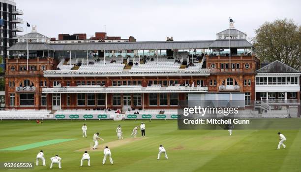 Timm van der Gugten of Glamorgan bowls the ball at Ollie Rayner of Middlesex during day three of the Specsavers County Championship Division Two...