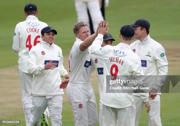 Timm van der Gugten of Glamorgan celebrates taking the wicket of Stevie Eskinazi of Middlesex during day three of the Specsavers County Championship...