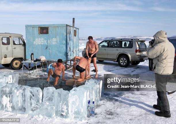 Russian sauna, the "Banya" in the Baikal Lake, in winter, Siberia, Russia on March 10, 2011.