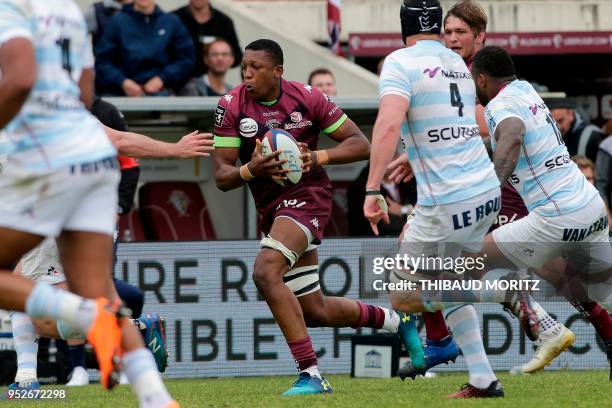 Bordeaux-Begles's Camron Woki runs with the ball during the French Top 14 rugby union match Bordeaux-Begles vs Racing 92 at the Stade Chaban-Delmas...