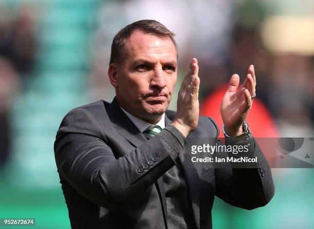 Brendan Rodgers manager of Celtic celebrates winning the leauge after the Scottish Premier League match between Celtic and Rangers at Celtic Park on...