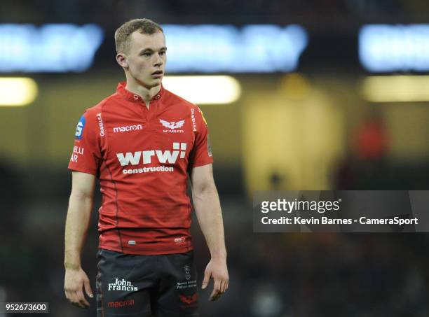 Scarlets' Ioan Nicholas during the Guinness PRO14 Round 21 Judgement Day VI match between Cardiff Blues and Ospreys at Principality Stadium at...