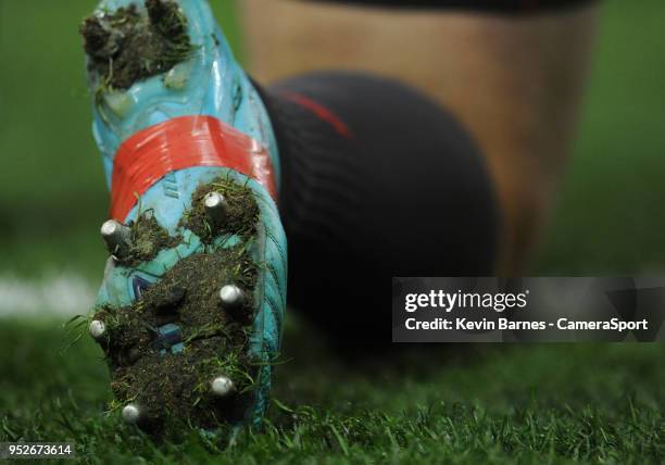 Close up detail of Scarlets' Werner Kruger's boots during the Guinness PRO14 Round 21 Judgement Day VI match between Cardiff Blues and Ospreys at...