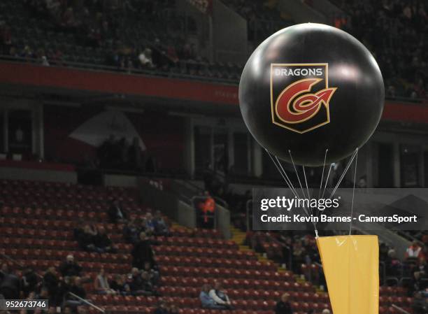 Dragons balloon flies in the stadium during the Guinness PRO14 Round 21 Judgement Day VI match between Cardiff Blues and Ospreys at Principality...