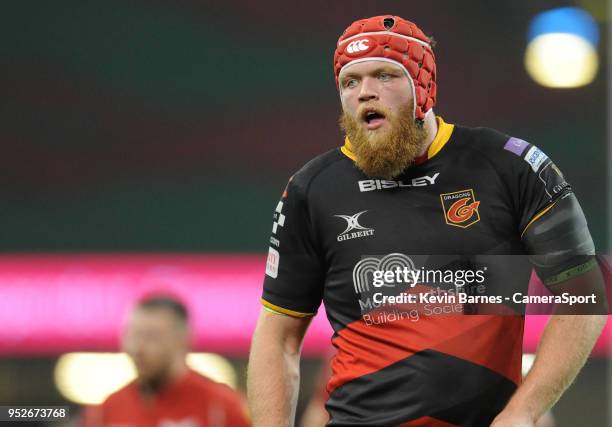 Dragons' Joe Davies during the Guinness PRO14 Round 21 Judgement Day VI match between Cardiff Blues and Ospreys at Principality Stadium at...