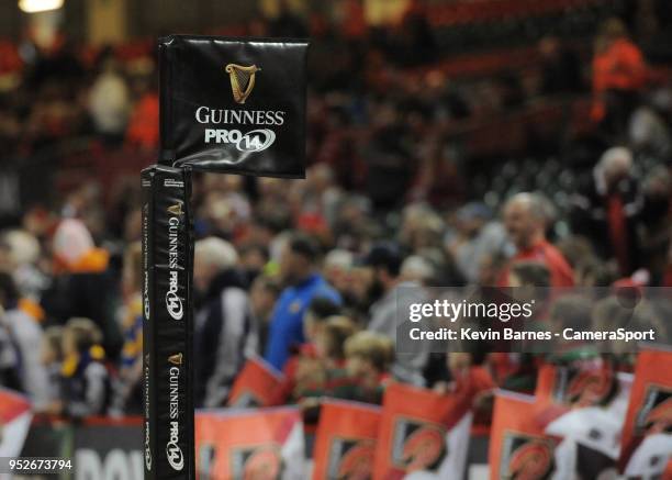 Guinness PRO14 branding during the Guinness PRO14 Round 21 Judgement Day VI match between Cardiff Blues and Ospreys at Principality Stadium at...