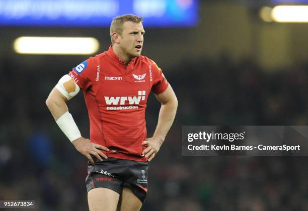 Scarlets' Hadleigh Parkes during the Guinness PRO14 Round 21 Judgement Day VI match between Cardiff Blues and Ospreys at Principality Stadium at...