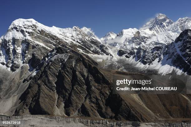 View from Gokyo Ri with the Ngozumpa Glacier is a grey glacier, covered with stone and with dust. ON the top, the Everest mount at 8,848 ms.