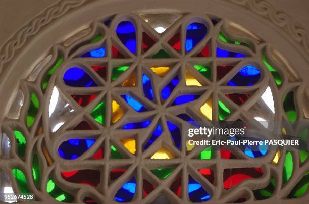 Leaded glass windows inside Dhar Al Hajjar in Be??t Boz. Also called Wadi Dhar palace, it was the summer palace of Imam Al Mansouri and then Imam...