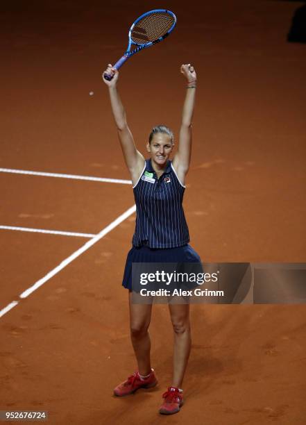 Karolina Pliskova of Czech Republic celebrates victory and winning the tournament after the singles final between Karolina Pliskova of Czech Republic...