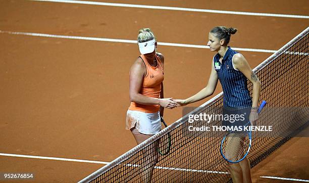 Karolina Pliskova from the Czech Republic shakes hands with CoCo Vandeweghe from the US after their final match at the WTA Tennis Grand Prix in...